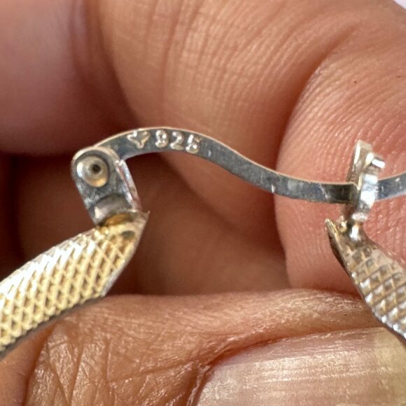 Sterling Silver 925 Geometric Texture Hoop Earrings Hinged Posts 1.25'' Length - Picture 6 of 10